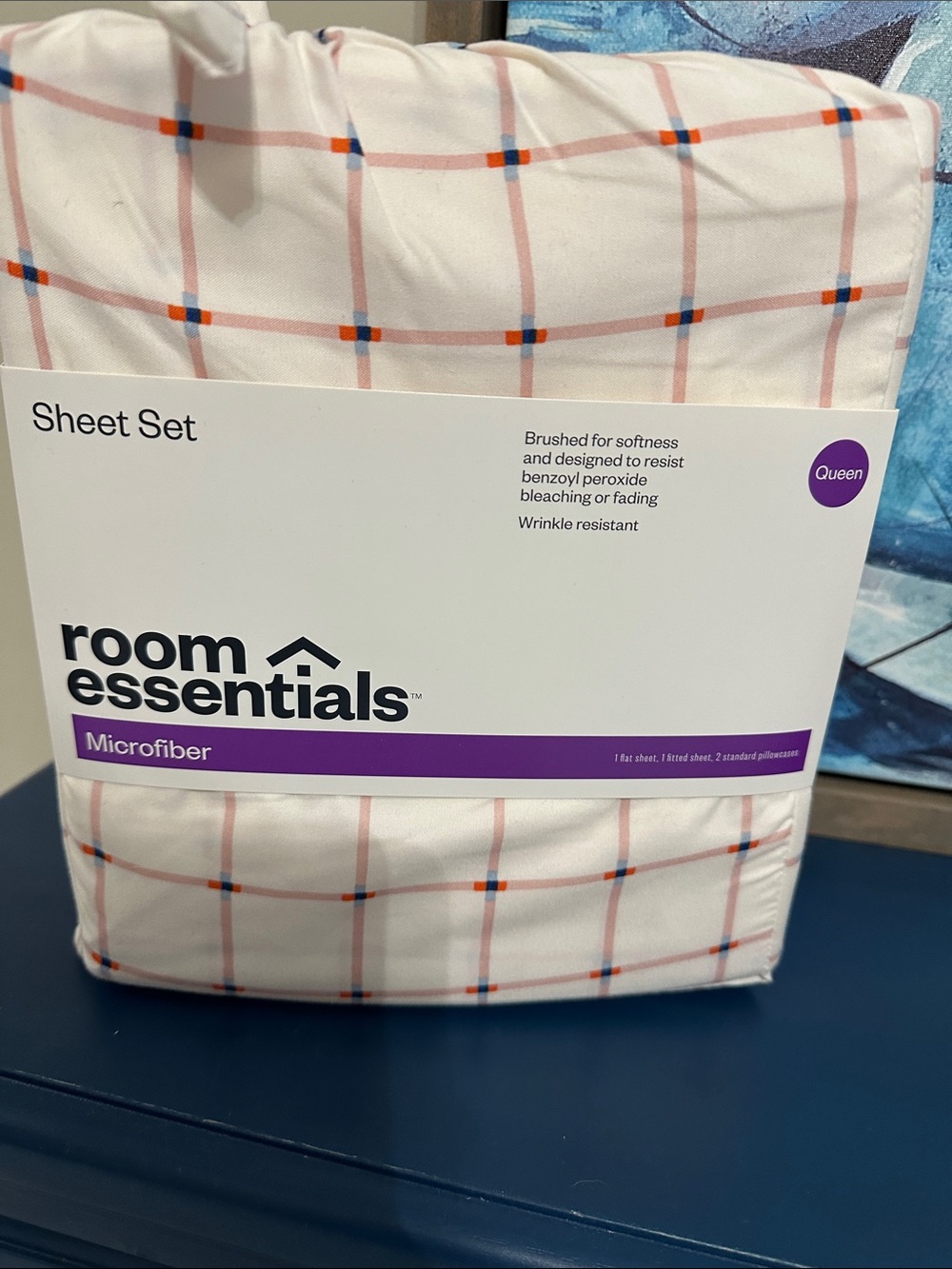 Room Essentials Queen Microfiber Sheet Set - White with Pink & Orange Grid